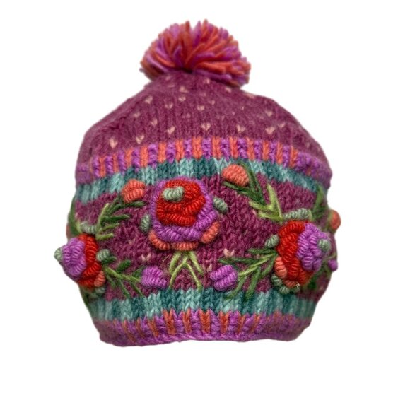 Lost Horizons Womens Hand-Knit Wool Floral Beanie Pink/Green With Pom Handmade - Picture 1 of 6